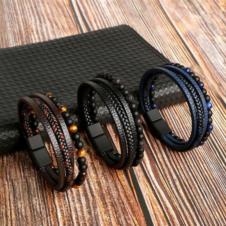 "Unisex armband set i flätat konstläder med pärlband, elegant accessoar i svart och brunt för alla tillfällen."