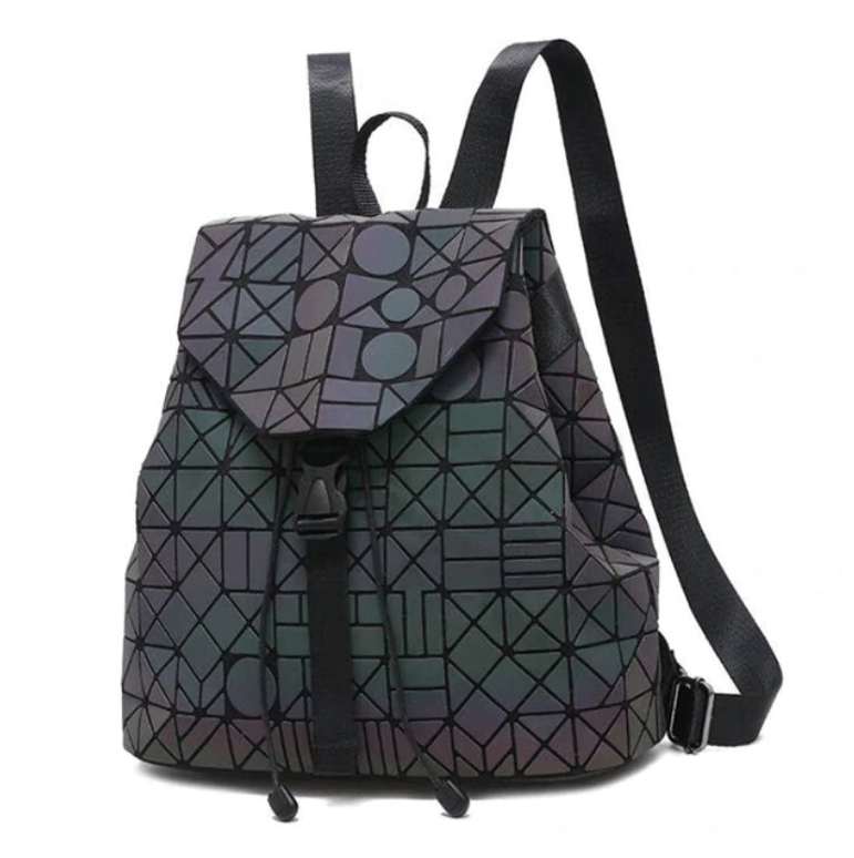 "Unisex geometrisk självlysande ryggsäck av konstläder i färgskiftande design, med vadderade, justerbara remmar."