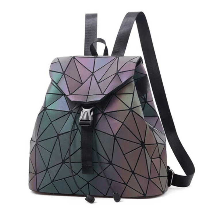 "Unisex geometrisk självlysande ryggsäck av konstläder i färgskiftande design, med vadderade, justerbara remmar."