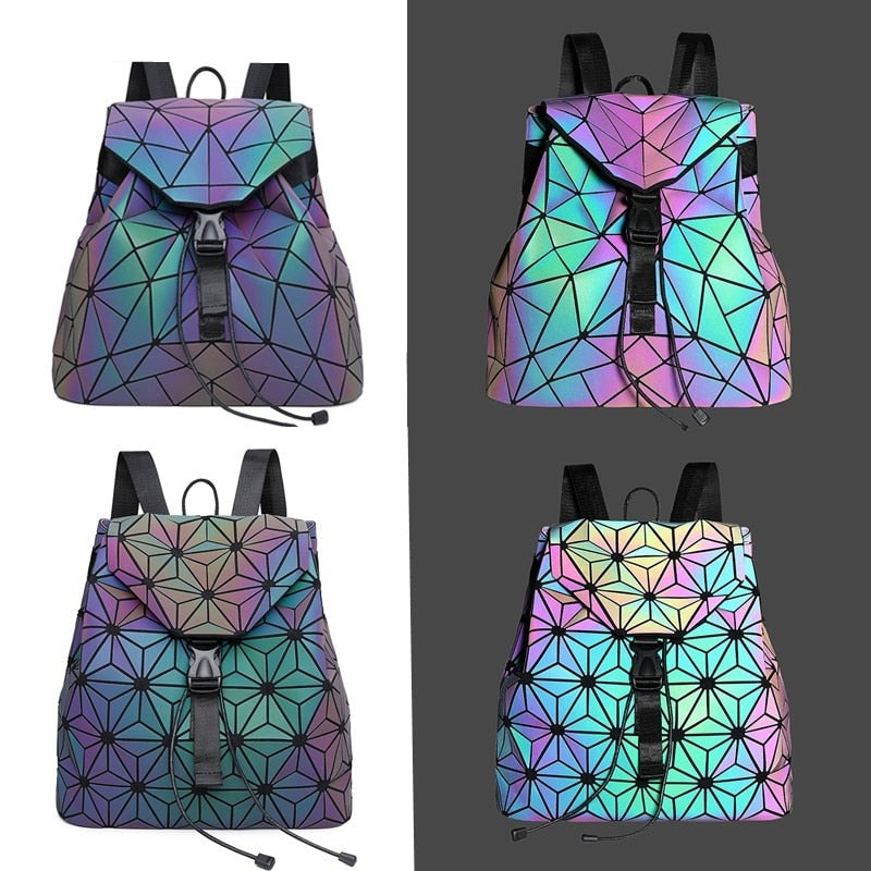 "Unisex geometrisk självlysande ryggsäck av konstläder i färgskiftande design, med vadderade, justerbara remmar."