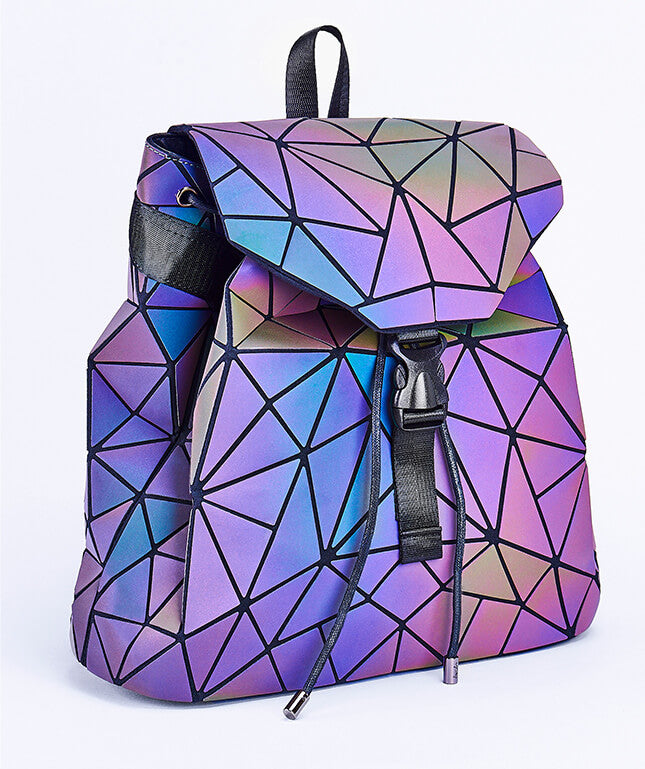 "Unisex geometrisk självlysande ryggsäck av konstläder i färgskiftande design, med vadderade, justerbara remmar."