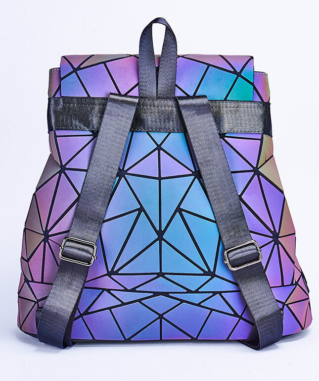"Unisex geometrisk självlysande ryggsäck av konstläder i färgskiftande design, med vadderade, justerbara remmar."