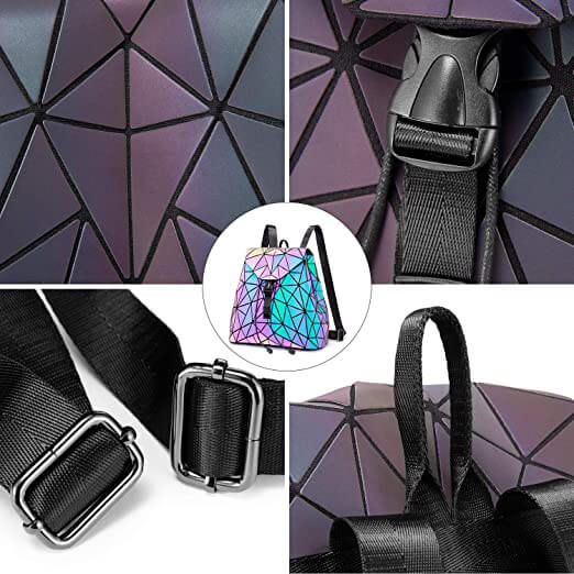 "Unisex geometrisk självlysande ryggsäck av konstläder i färgskiftande design, med vadderade, justerbara remmar."