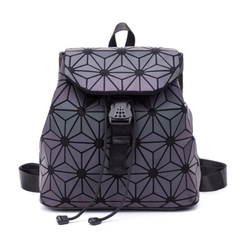 "Unisex geometrisk självlysande ryggsäck av konstläder i färgskiftande design, med vadderade, justerbara remmar."