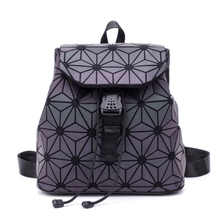 "Unisex geometrisk självlysande ryggsäck av konstläder i färgskiftande design, med vadderade, justerbara remmar."