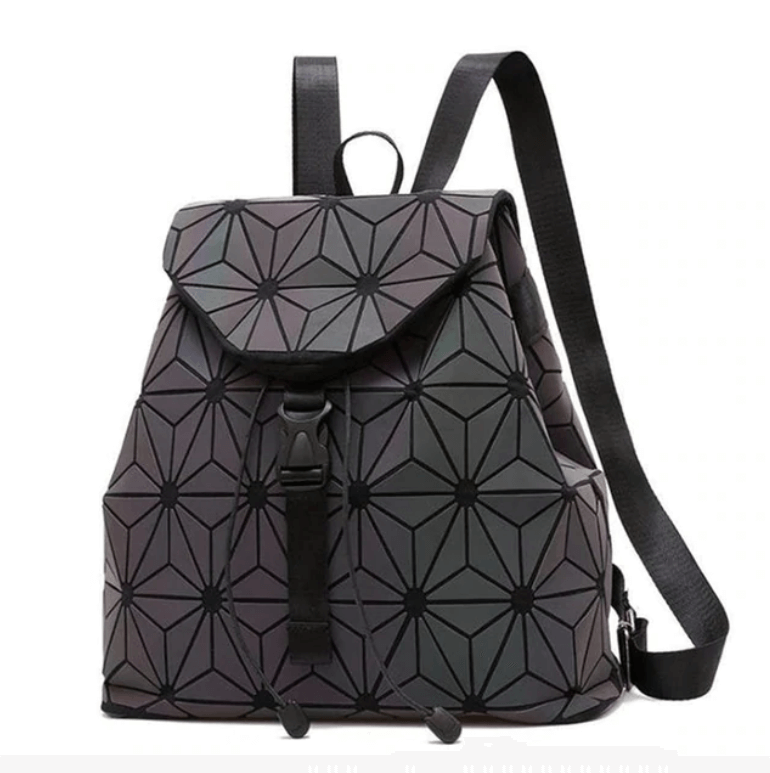"Unisex geometrisk självlysande ryggsäck av konstläder i färgskiftande design, med vadderade, justerbara remmar."