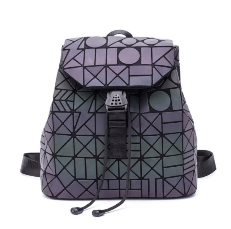 "Unisex geometrisk självlysande ryggsäck av konstläder i färgskiftande design, med vadderade, justerbara remmar."