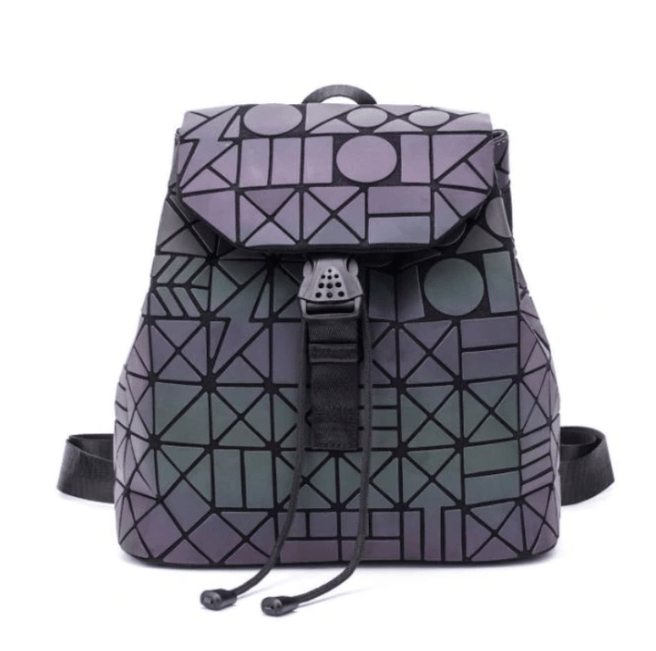 "Unisex geometrisk självlysande ryggsäck av konstläder i färgskiftande design, med vadderade, justerbara remmar."