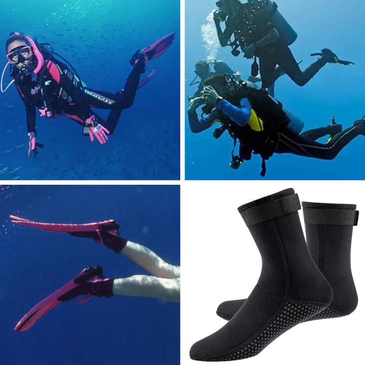 "Unisex halkfria dyksockor i neopren 3mm, svart med gummisilikonmönster, perfekt för vattenäventyr och värmeskydd."