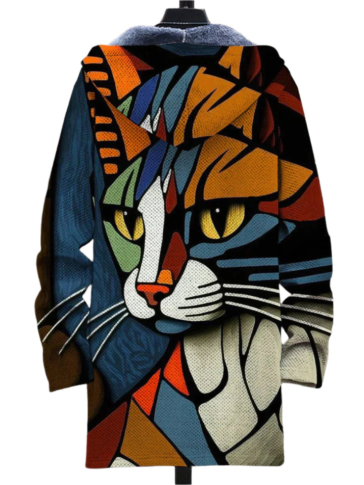 "Unisex hoodie i mjuk fleece med konstnärligt tryck och stor huva, perfekt för stil och värme."