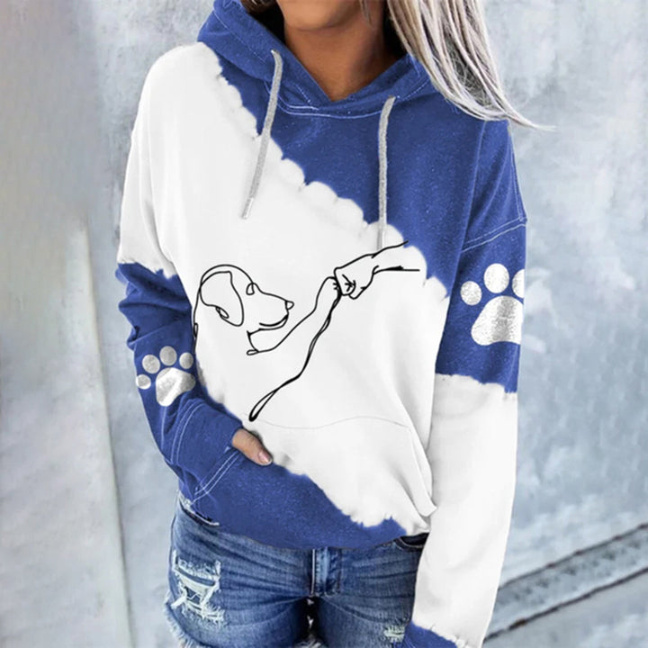 "Unisex hoodie med hundmotiv, mjuk och stilren, perfekt för djurälskare. Blå huvtröja med trendigt hundtryck."