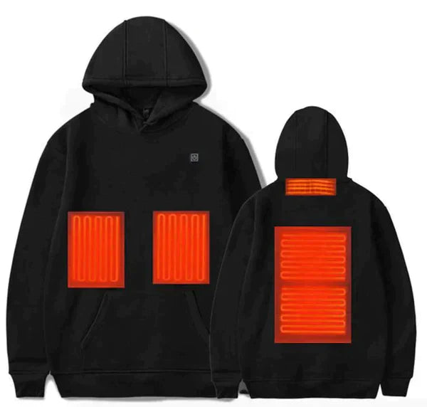 Unisex hoodie med justerbar värmefunktion och fickor, svart design, syntetisk material för komfort och stil i kyligt väder.
