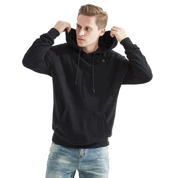 Unisex hoodie med justerbar värmefunktion och fickor, svart design, syntetisk material för komfort och stil i kyligt väder.