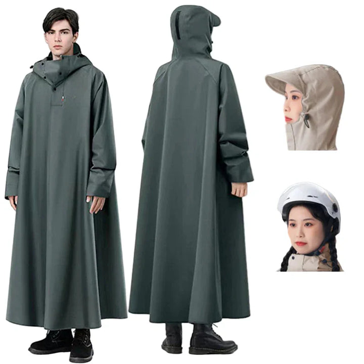 Unisex lång regnponcho i vattentätt Oxford-tyg, grå färg, med huva.