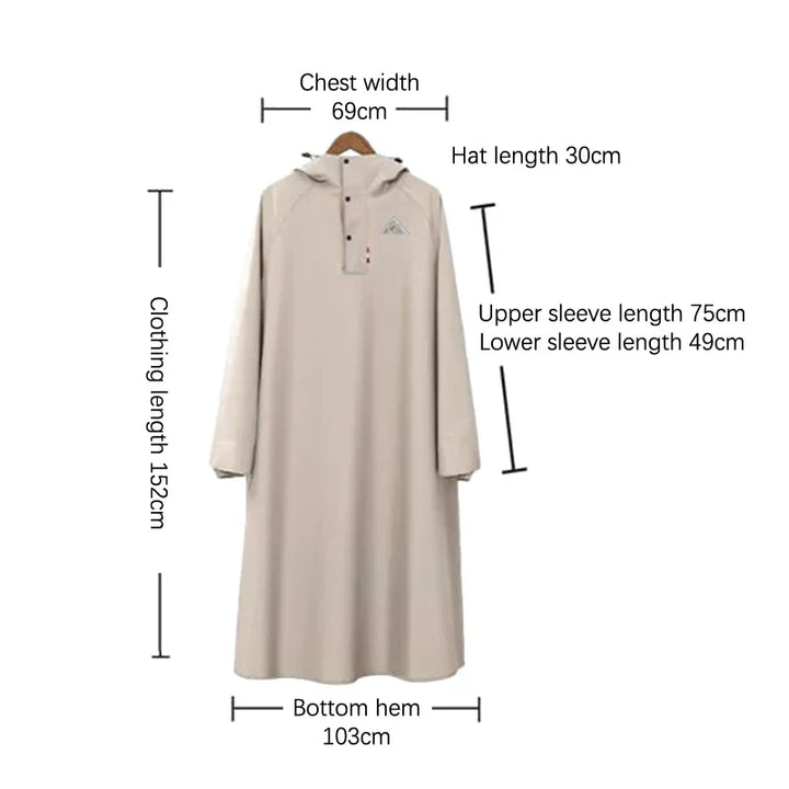 Unisex lång regnponcho buren av en person som cyklar.