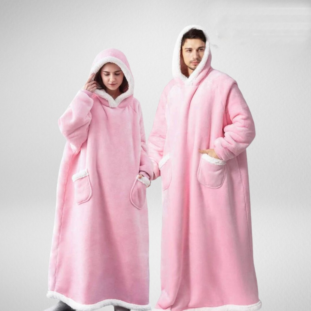 Unisex oversize filt med huva av microfleece sherpa, mjukt material och värmande foder, perfekt för komfort.