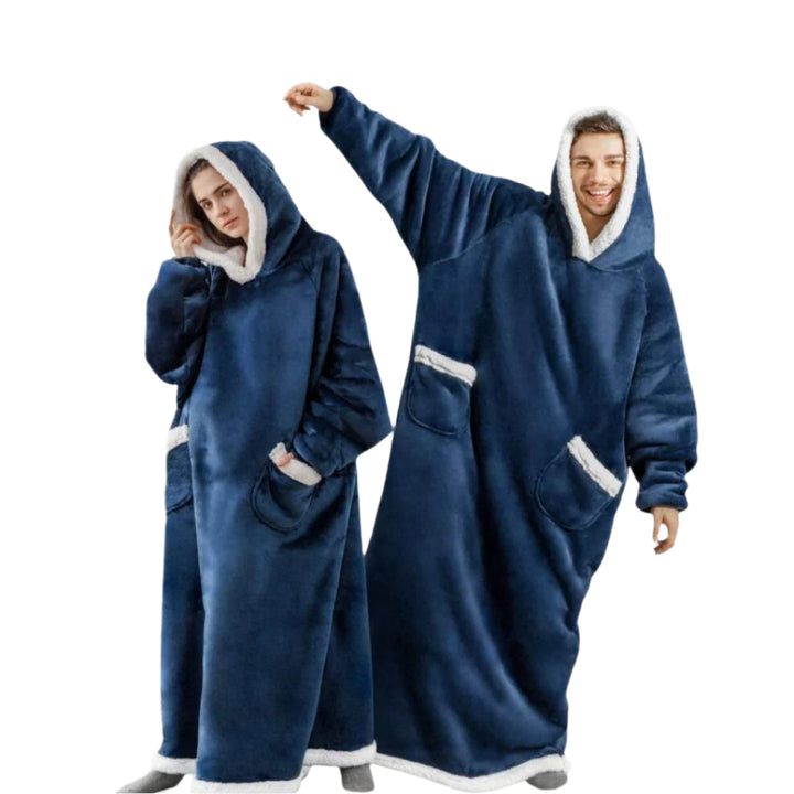 Unisex oversize filt med huva av microfleece sherpa, mjukt material och värmande foder, perfekt för komfort.