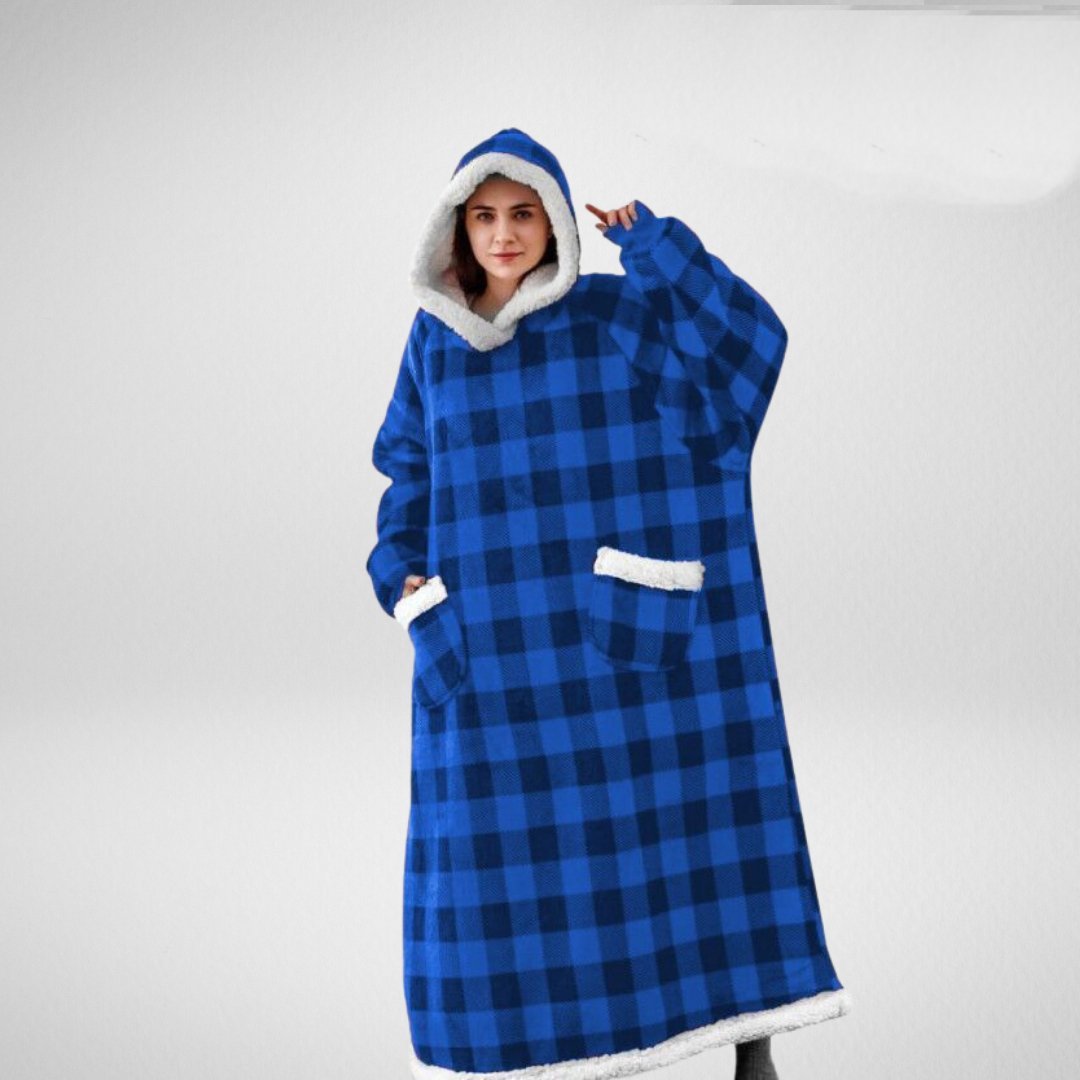 Unisex oversize filt med huva av microfleece sherpa, mjukt material och värmande foder, perfekt för komfort.