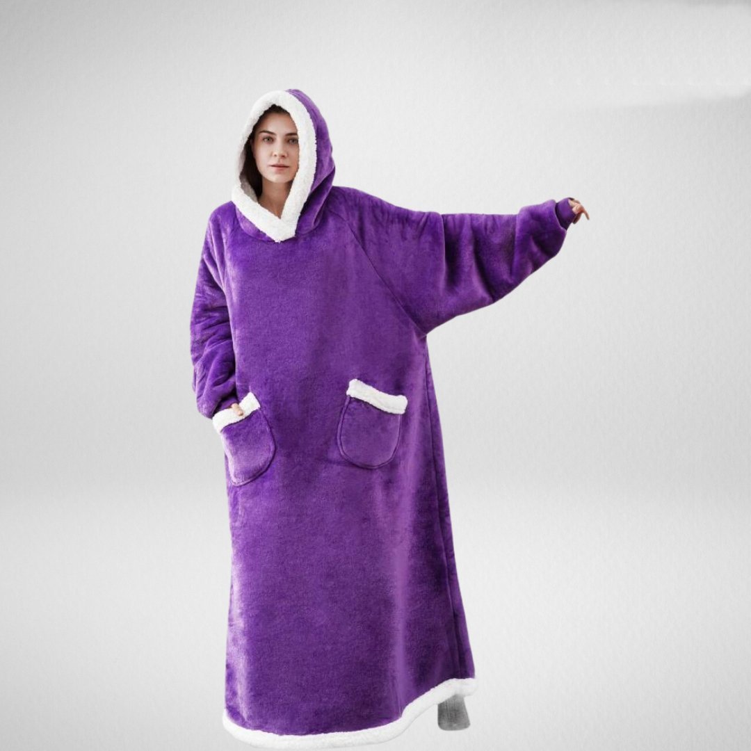 Unisex oversize filt med huva av microfleece sherpa, mjukt material och värmande foder, perfekt för komfort.