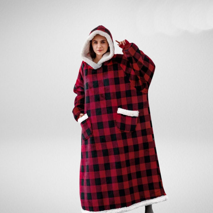 Unisex oversize filt med huva av microfleece sherpa, mjukt material och värmande foder, perfekt för komfort.