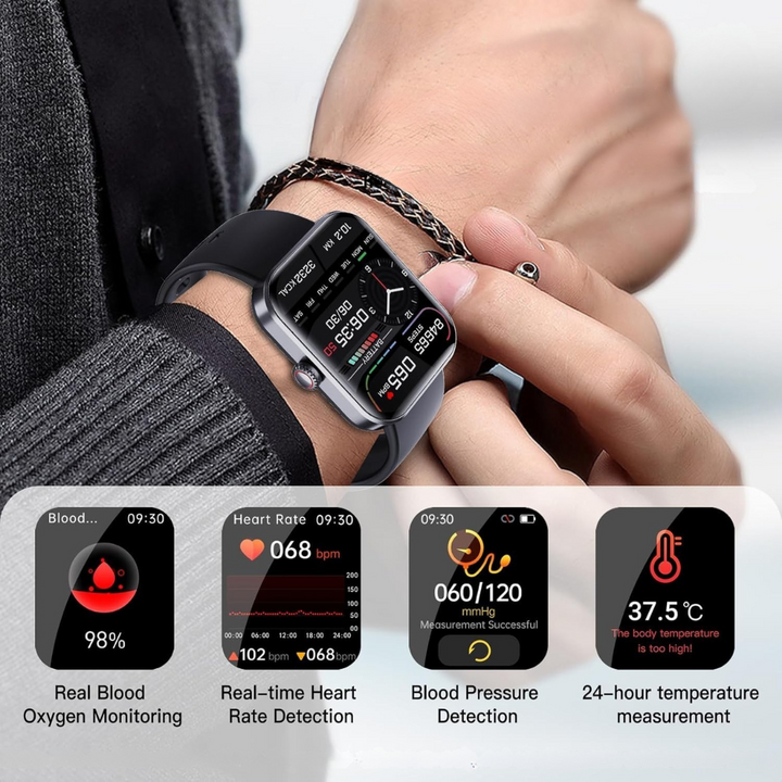 Unisex smartklocka med GPS och hälsomonitorering, elegant design, stor skärm, passar till vardag och träning.