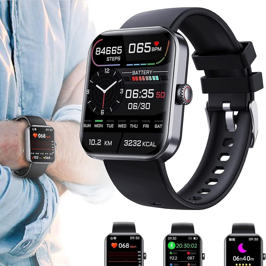 Unisex smartklocka med GPS och hälsomonitorering, elegant design, stor skärm, passar till vardag och träning.