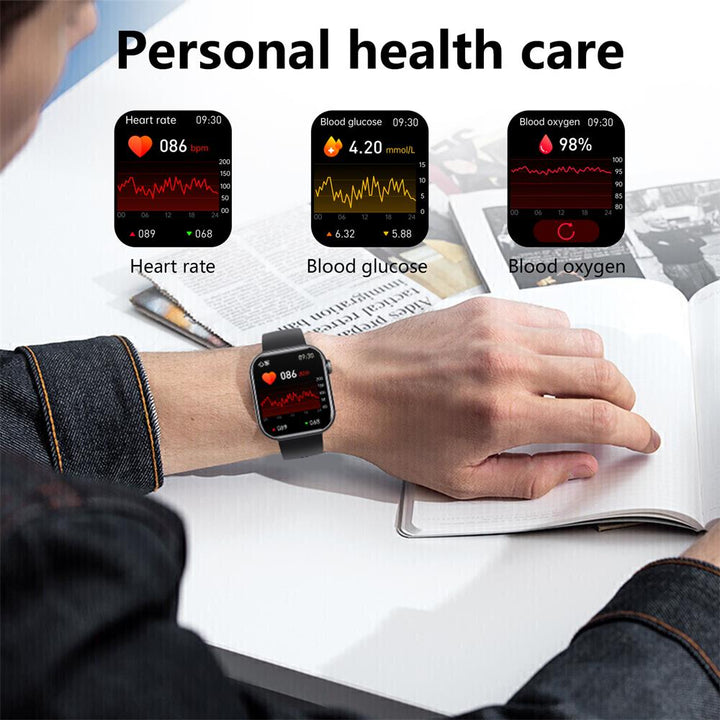 Unisex smartklocka med hälsoövervakning och anpassningsbart utseende, elegant design för träning och vardag.