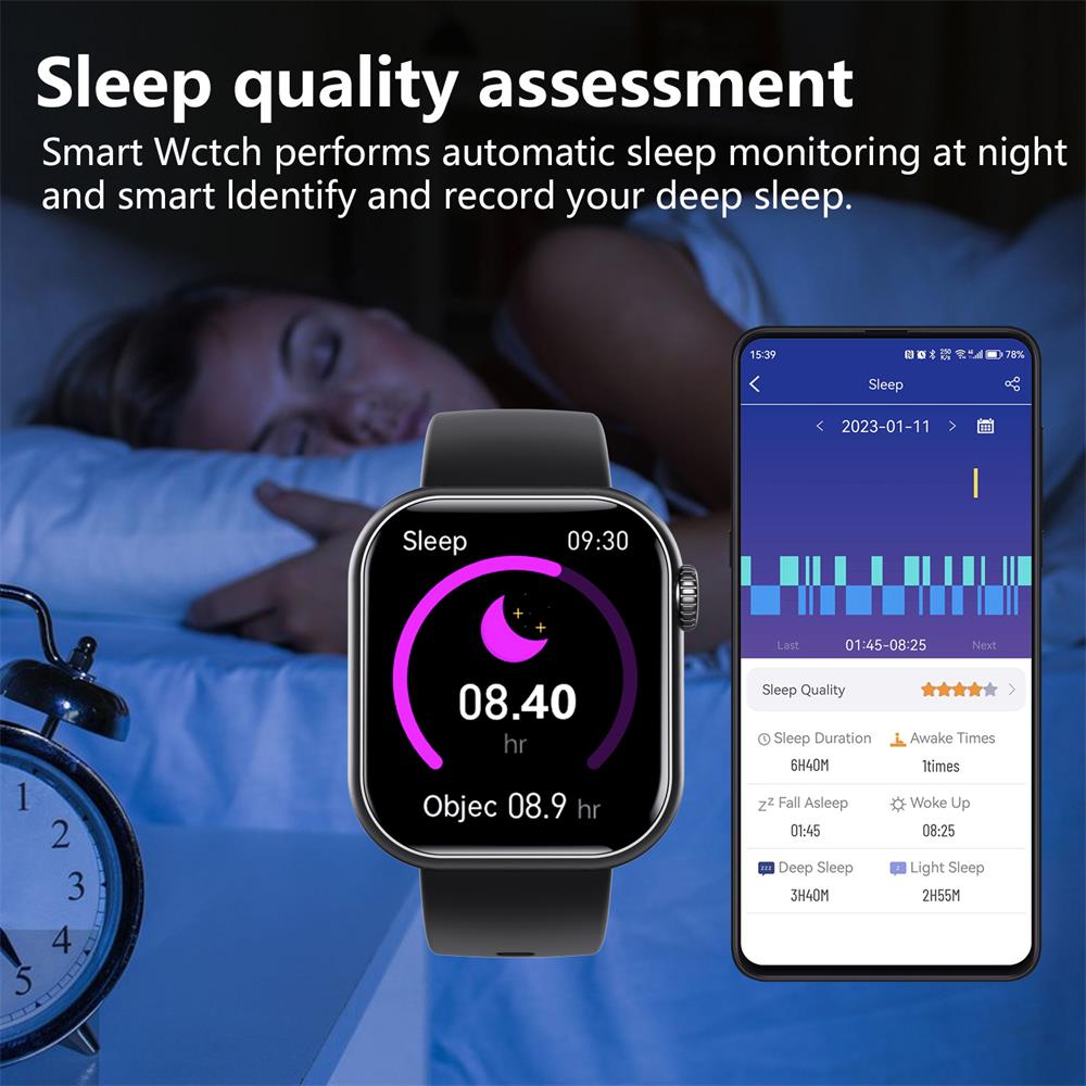 Unisex smartklocka med hälsoövervakning och anpassningsbart utseende, elegant design för träning och vardag.