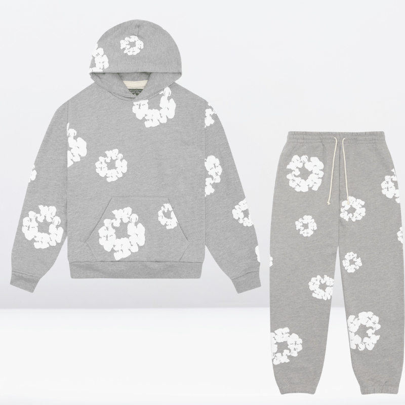 "Unisex träningsdräkt med huvtröja och byxor, avslappnad stil, grått andningsbart tyg, resårmidja, mångsidig design."