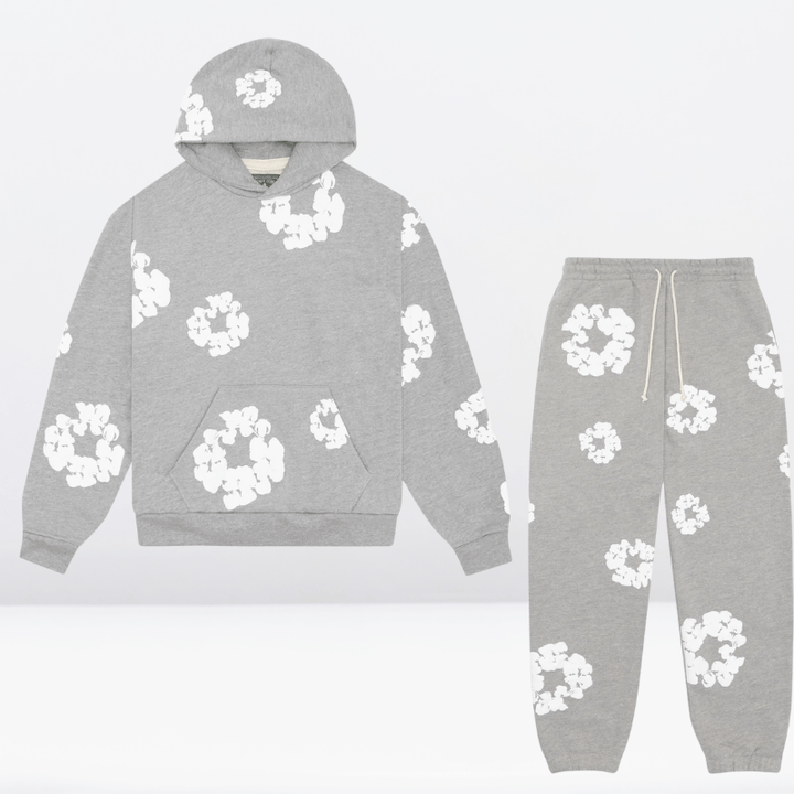 "Unisex träningsdräkt med huvtröja och byxor, avslappnad stil, grått andningsbart tyg, resårmidja, mångsidig design."