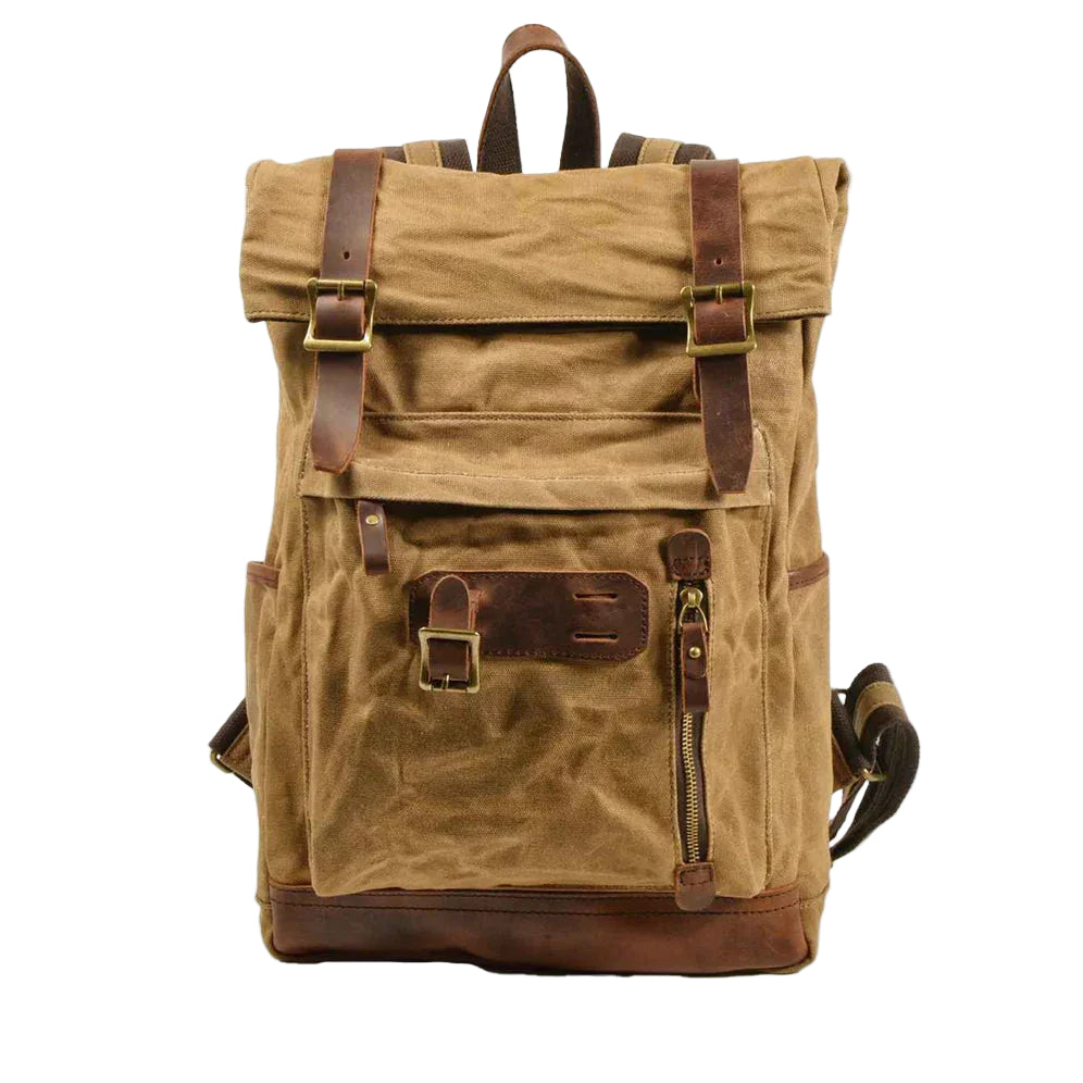"Unisex vikbar vintage ryggsäck i vaxad canvas, stilren och funktionell, med vadderade axelremmar och flera fickor."