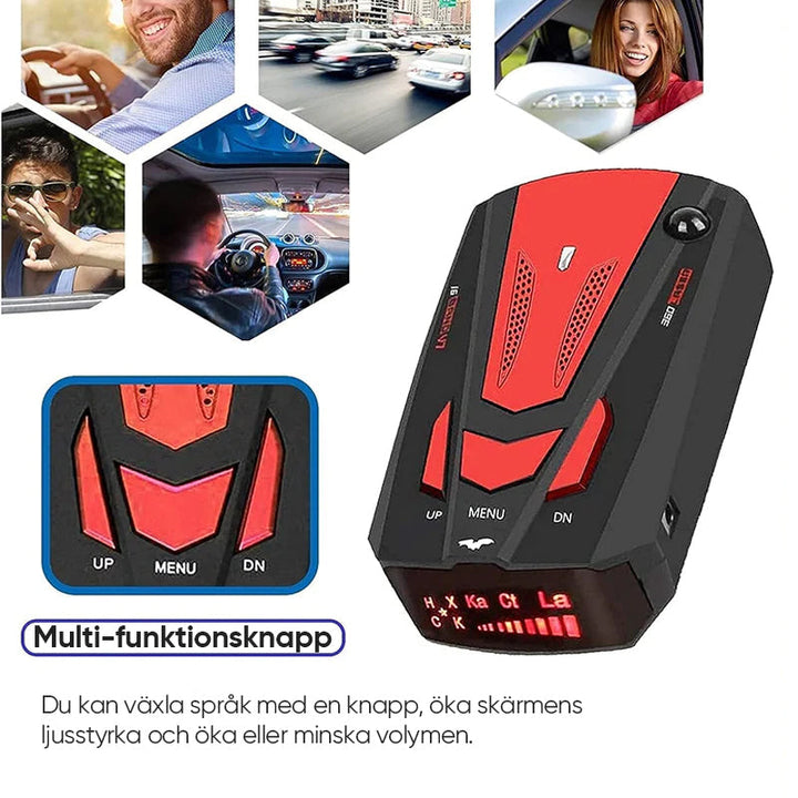 "Universell fordonshastighetsradardetektor med LED och röstlarm i bruk visar tydliga varningar på digital display."