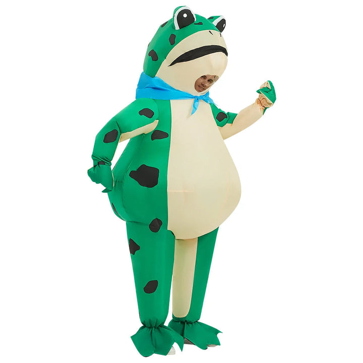 Uppblåsbart frosch kostym för herrar, Halloween. Grön dräkt med integrerad fläkt för enkel uppblåsning och komfort.