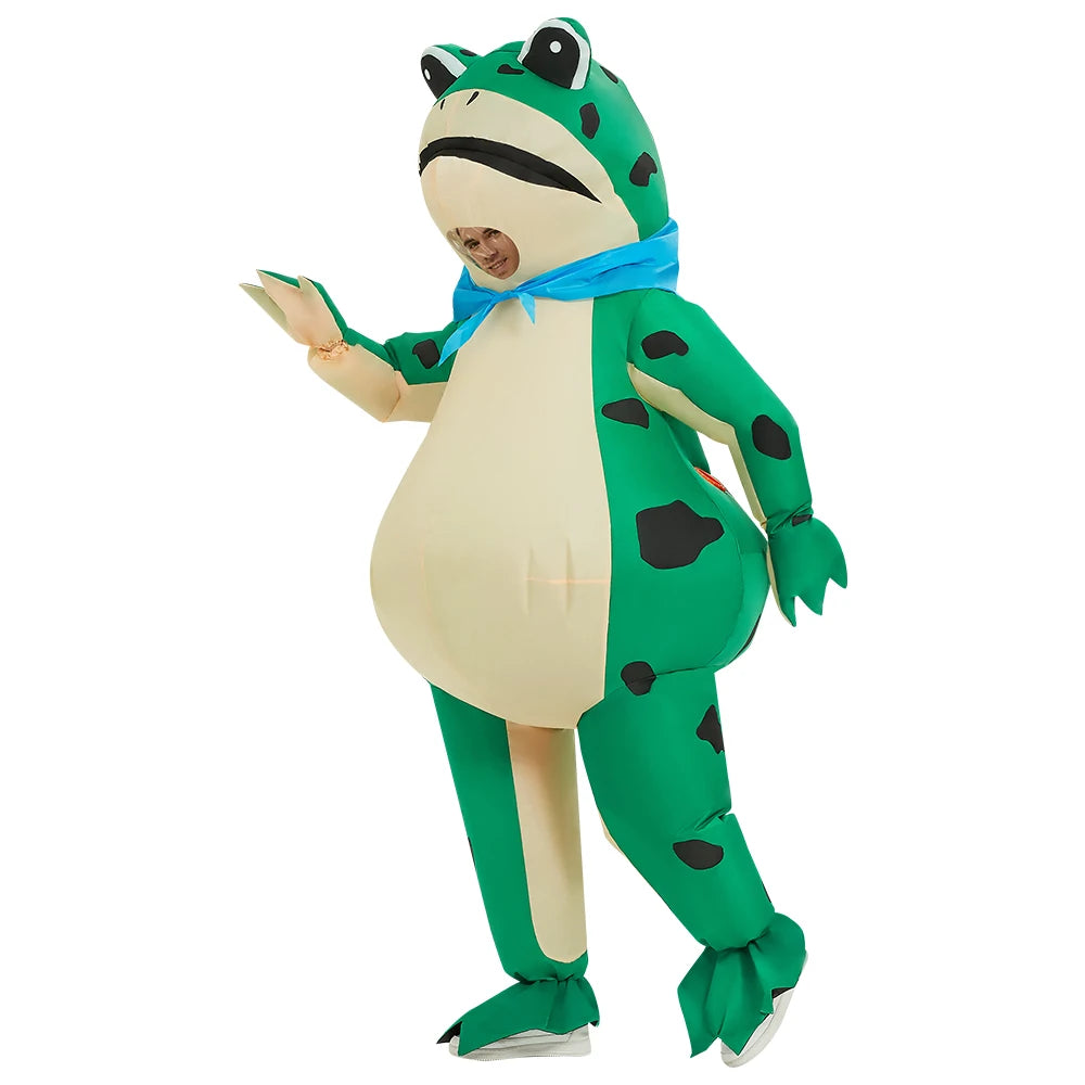 Uppblåsbart frosch kostym för herrar, Halloween. Grön dräkt med integrerad fläkt för enkel uppblåsning och komfort.