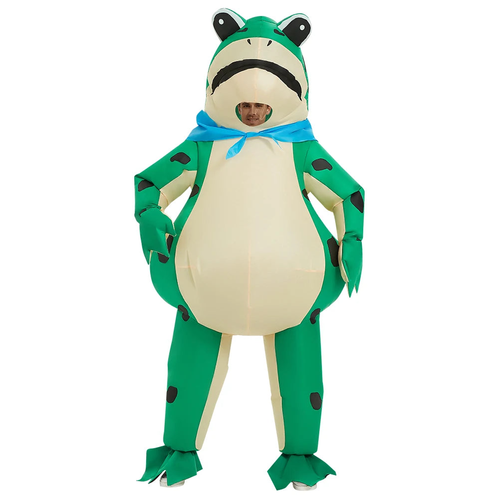 Uppblåsbart frosch kostym för herrar, Halloween. Grön dräkt med integrerad fläkt för enkel uppblåsning och komfort.