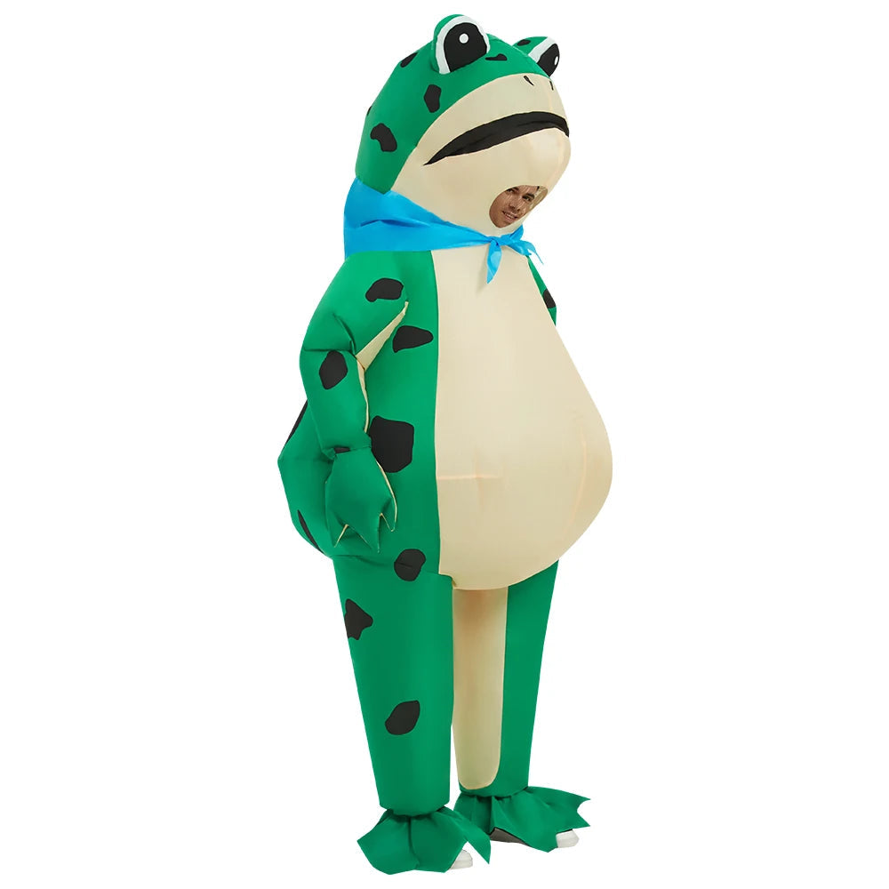 Uppblåsbart frosch kostym för herrar, Halloween. Grön dräkt med integrerad fläkt för enkel uppblåsning och komfort.