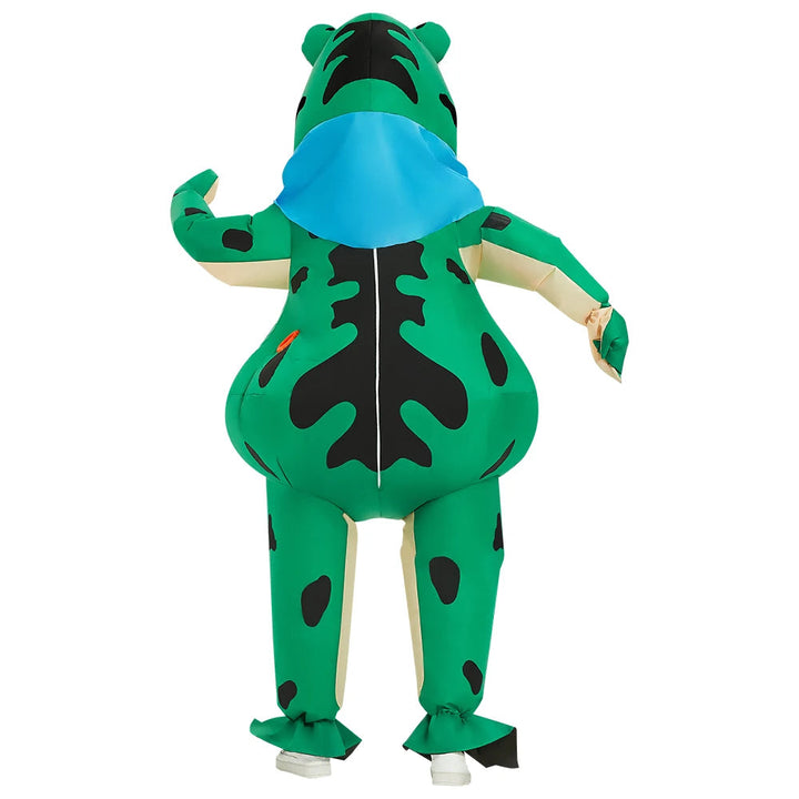 Uppblåsbart frosch kostym för herrar, Halloween. Grön dräkt med integrerad fläkt för enkel uppblåsning och komfort.