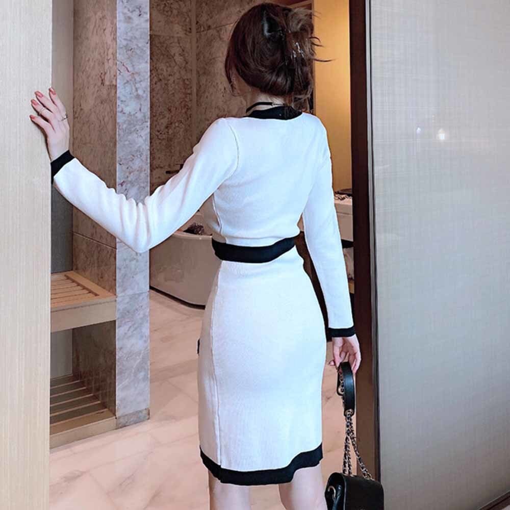 "Vacker kvinnlig bodycon klänning med V-hals, A-linje siluett och långa ärmar, perfekt för höst och vintersäsong."