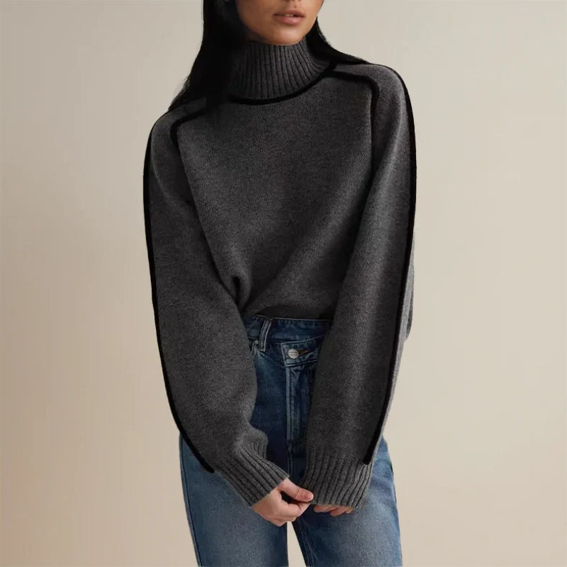 "Varm dam rullkrage tröja med stickad struktur och modern design, perfekt för vinterkläder och elegant stil."