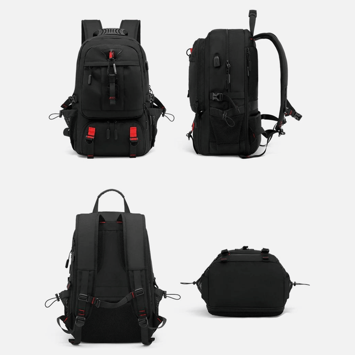"Vattentät 50L ryggsäck för äventyr, framifrån. Slitstark polyester, modern design, USB-port för laddning."
