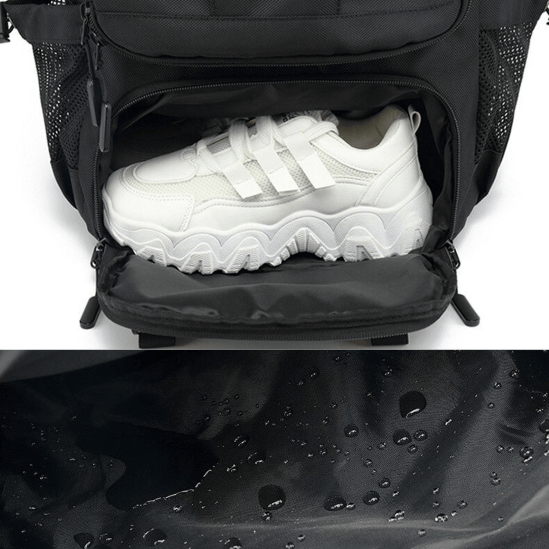 "Vattentät 50L ryggsäck för äventyr, framifrån. Slitstark polyester, modern design, USB-port för laddning."