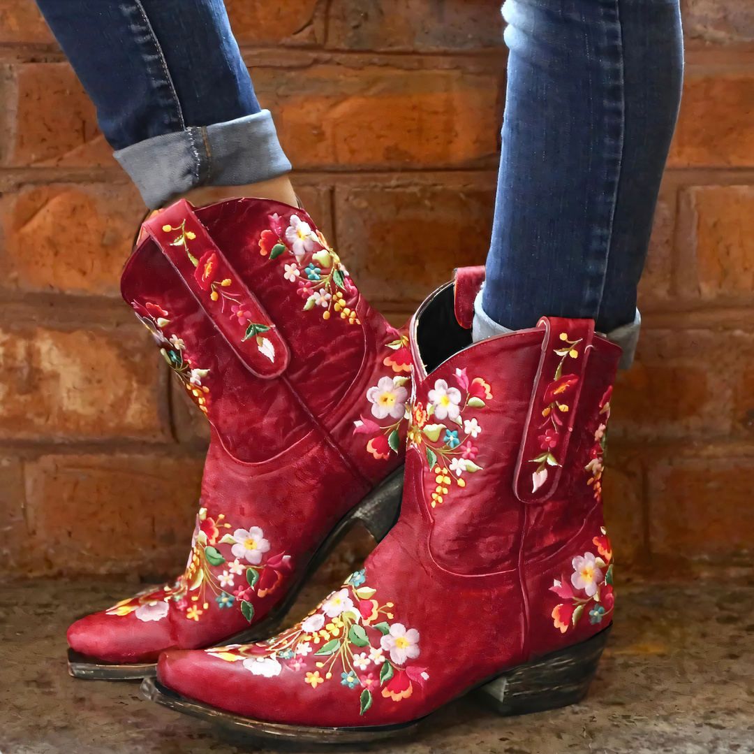 "Väderbeständiga damstövlar i vintage-läderstil, eleganta cowgirl design, brun PU-läder, robust sula, bohemisk look"