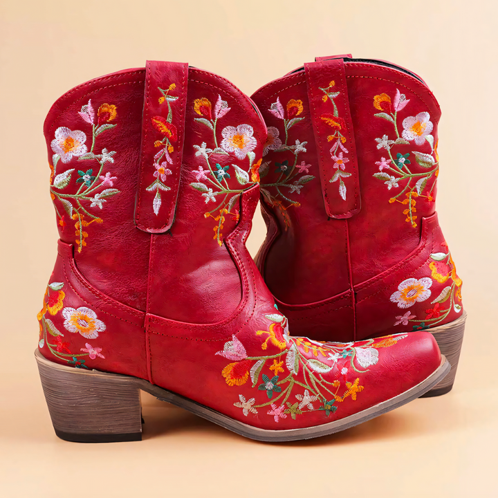 "Väderbeständiga damstövlar i vintage-läderstil, eleganta cowgirl design, brun PU-läder, robust sula, bohemisk look"