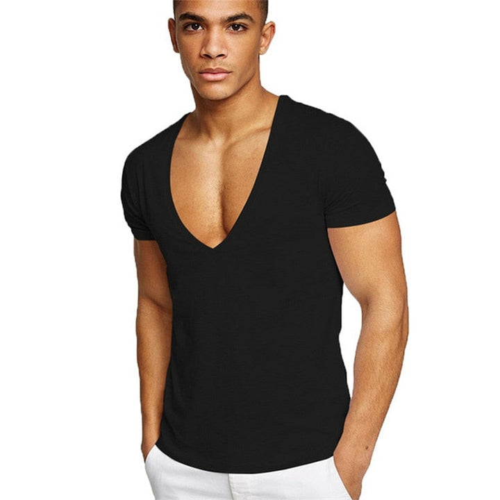 "V-hals T-shirt herr i bomullsblandning, slank passform, grå färg, stilig och bekväm för vardagen."