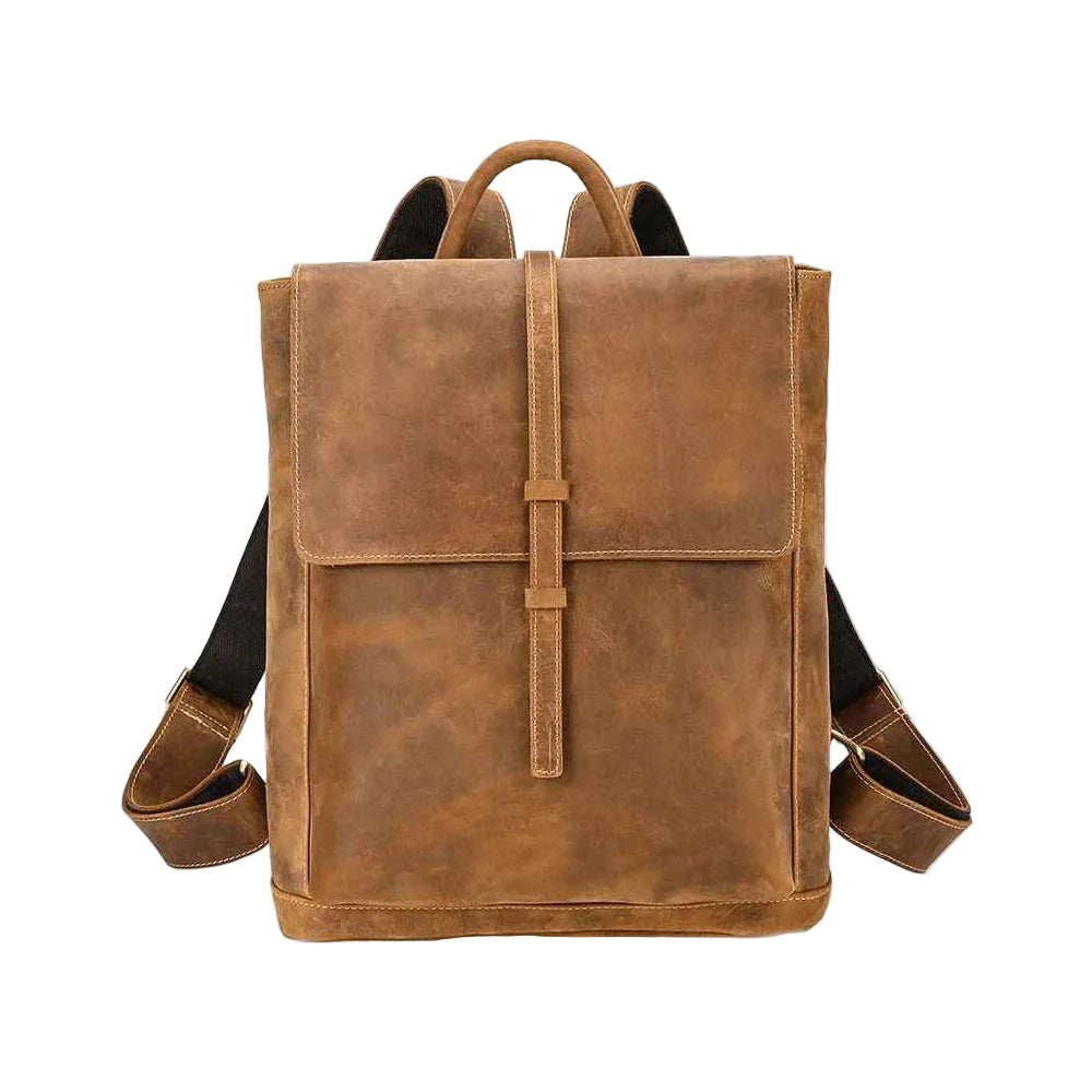 "Vintage herrläderransel med laptopfack, retro stil, elegant läderflik, remstängning, vadderade axelremmar, ikonisk design."