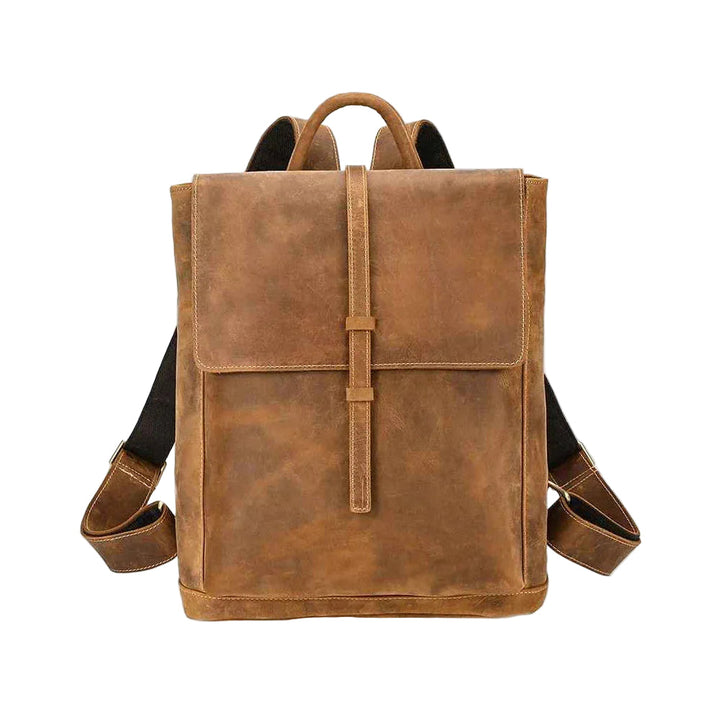 "Vintage herrläderransel med laptopfack, retro stil, elegant läderflik, remstängning, vadderade axelremmar, ikonisk design."