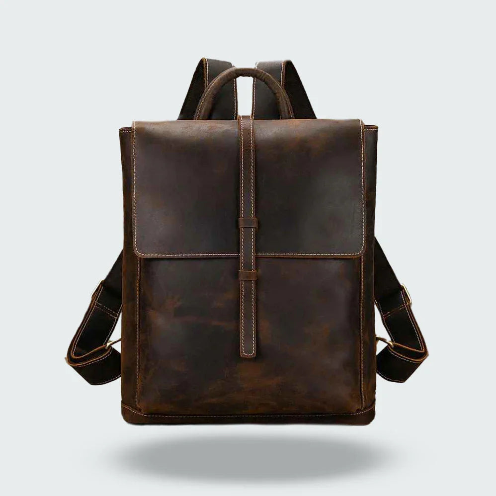 "Vintage herrläderransel med laptopfack, retro stil, elegant läderflik, remstängning, vadderade axelremmar, ikonisk design."