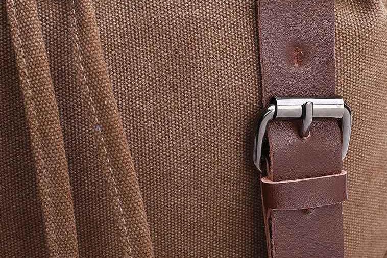 "Vintage herrryggsäck i slitstark canvas med läderdetaljer, lock och fickor, perfekt för vardag och äventyr."