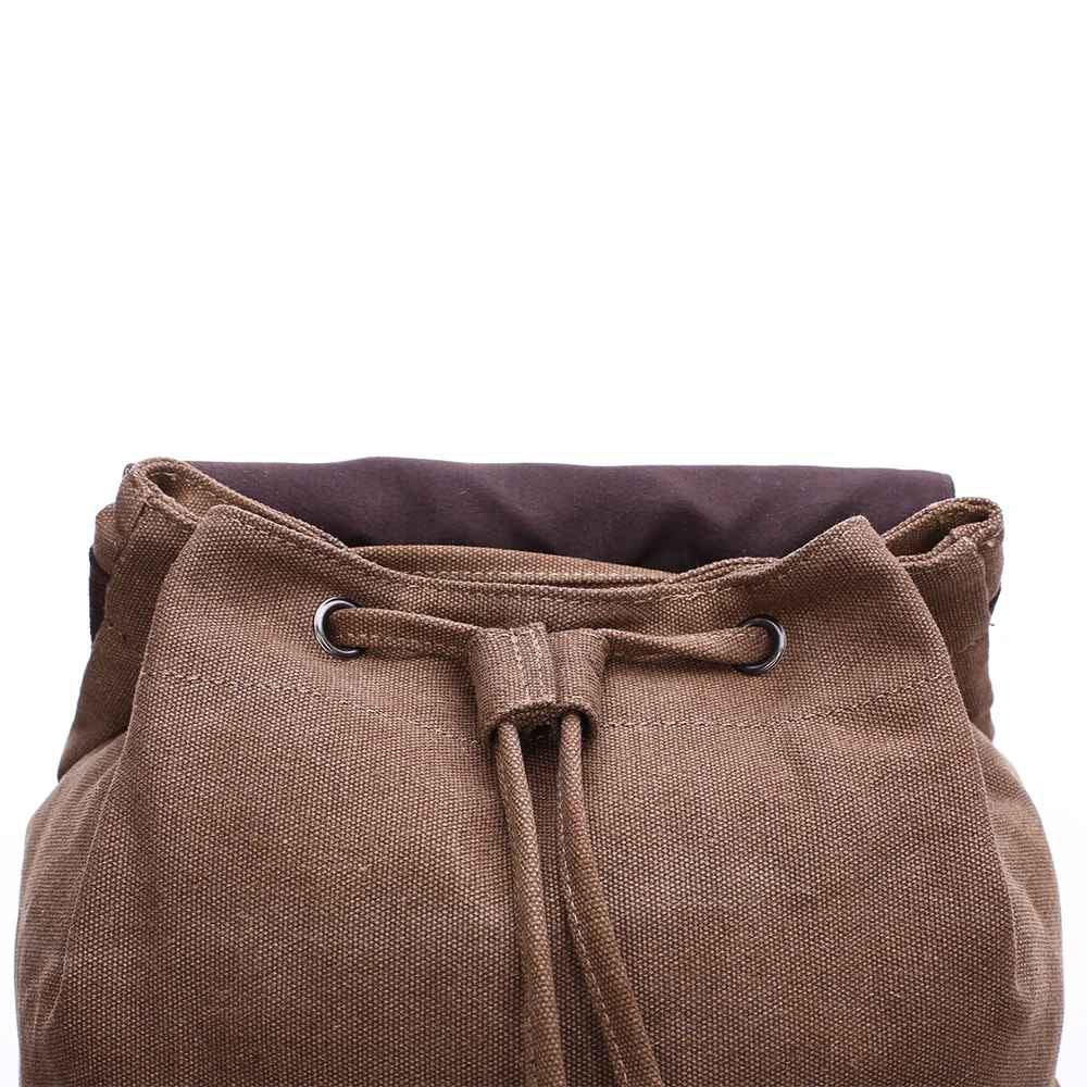 "Vintage herrryggsäck i slitstark canvas med läderdetaljer, lock och fickor, perfekt för vardag och äventyr."