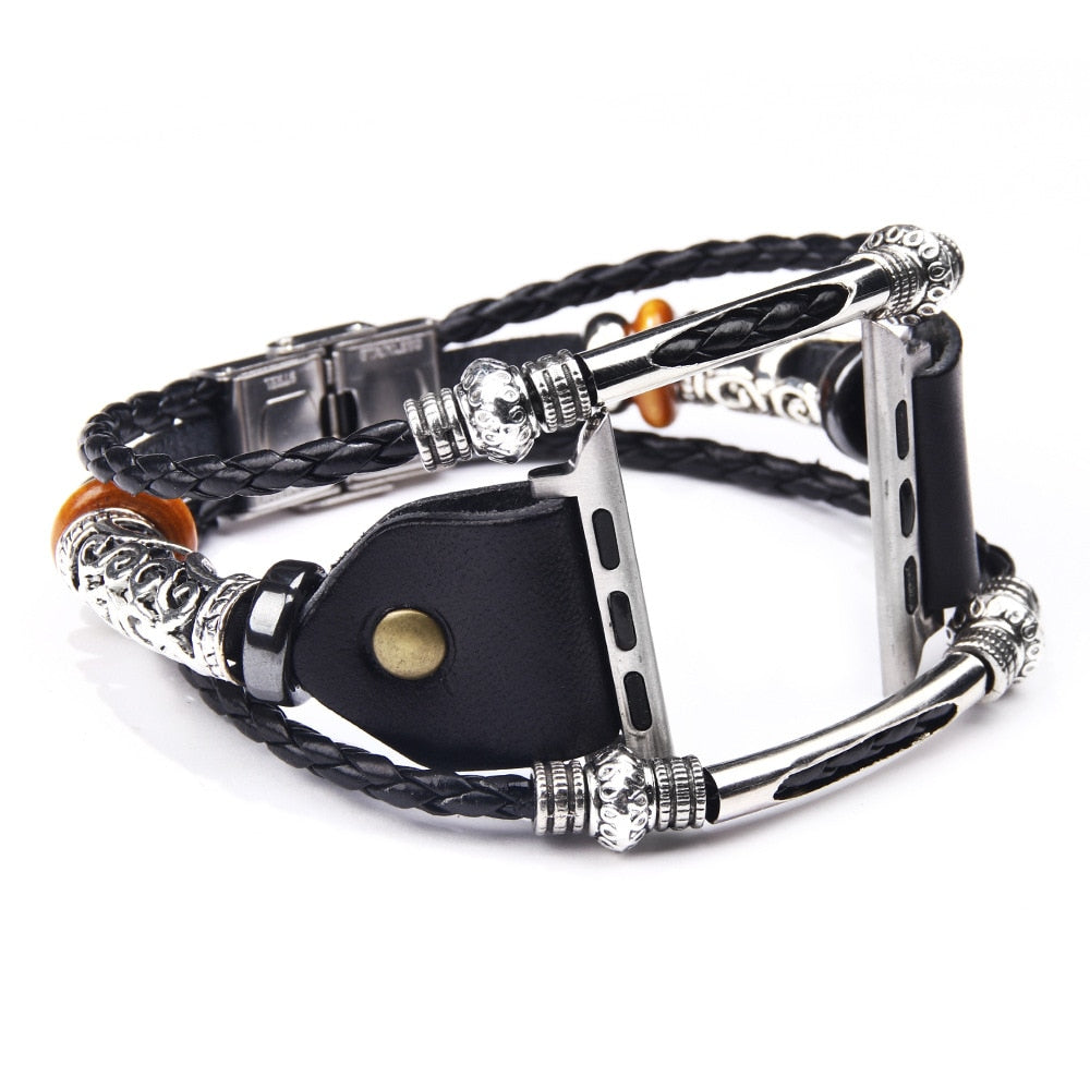 "Vintage klockarmband i PU-läder för Apple Watch, svart eller brunt. Elegant design, perfekt damaccessoar."